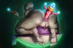 2024 4_toes absurd_res alien alien_humanoid anal_fluids anus bed bent_leg big_butt big_eyes black_claws bodily_fluids butt claws controller digital_drawing_(artwork) digital_media_(artwork) empty_eyes feet female finger_claws fingers furniture genital_fluids genitals glowing gradient_background green_eyes grey_body grey_skin head_turned hi_res holding_controller holding_object holding_remote_control humanoid improvised_dildo improvised_sex_toy leaking leaking_anus leaking_vagina light light_body light_skin looking_at_viewer looking_back looking_back_at_viewer lying lying_on_bed masturbation not_furry nude nude_female nude_humanoid object_in_ass on_bed on_front pillow pink_anus pink_vulva plantigrade puffy_anus purple_pillow pussy_juice_leaking rayoutofspace remote_control rocket rocket_in_ass roswell_grey sex_toy simple_background soles solo thick_thighs three-quarter_view toe_claws toes toying_self vaginal_fluids vulva