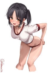 1girl artist_name black_hair brown_eyes ebifurya gym_shirt heavy_breathing kantai_collection leaning_forward looking_at_viewer medium_breasts nagara_(kantai_collection) navel open_mouth red_panties side_ponytail smile solo stomach sweat thighs white_shirt