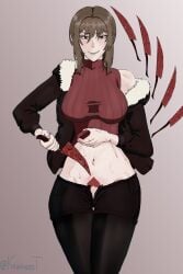 1girls big_breasts bodily_fluids breasts brown_hair chara clothed clothed_female clothing color eyelashes female female_focus female_only fully_clothed hair human human_only knife light_skin looking_at_viewer open_eyes red_eyes shoulder_length_hair simple_background smile source standing storyfell storyfell_chara sweat tongue twitter_link undertale_(series)