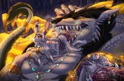 alternate_universe anthro arm_tattoo bodily_fluids canid canine canis cavern clothing cunnilingus dragon duo ear_piercing eyeswings female genitals gold_(metal) gold_jewelry humanoid hybrid internal isabella_(unichromacorn) jewelry lagomorph leporid male male/female male_pred mammal mythological_creature mythological_scalie mythology oral oversized_oral picture_in_picture piercing rabbit rezno saliva scales scalie sergal sex size_difference tail tattoo teeth tongue tongue_out torn_clothing treasure vaginal vore vulva wolf