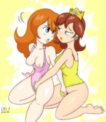 2girls artist_name barefoot blue_eyes breasts breasts_out brown_hair feet female female_only fingering keichan looking_at_another mario_(series) mona_(warioware) multiple_girls mutual_masturbation nintendo nipples one-piece_swimsuit pink_swimsuit princess_daisy signature simple_background swimsuit warioware yellow_background yellow_swimsuit yellow_theme yuri