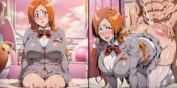 ai_generated before_and_after bleach cheating doggy_style enjoying enjoying_sex eyes_rolling_back happy huge_ass huge_breasts inoue_orihime on_bed orange_hair school_uniform schoolgirl sitting_on_bed spanking spanking_ass thick_thighs tongue_out voluptuous