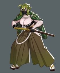 ahoge animated big_breasts black_gloves bouncing_breasts collar ear_piercing earrings facemask geta gif gloves green_eyes green_hair hakama hakama_pants japanese_clothes katana leather_jacket lime_hair midori_(rizdraws) pale_skin rizdraws sheath short_hair spiked_collar spiky_hair stern_expression tabi toned_arms toned_female