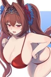 1girl cleavage daiwa_scarlet_(umamusume) embarrassed enumiyan fang hair_ornament horse_ears horse_girl huge_breasts long_hair open_mouth red_bikini red_eyes solo sweat tiara twintails umamusume umamusume_pretty_derby very_long_hair
