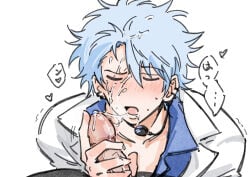 2boys blboo_o breath closed_eyes cum cum_on_face cum_on_hair earpiece erection gay gintama gintoki_sakata light_blue_hair male male_only male_pov microphone penis pov solo_focus suit uncensored upper_body yaoi