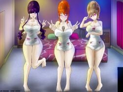 apron barefoot bed bedroom beehive_hair between_breasts big_breasts black_hair blue_eyes breasts brown_eyes brown_hair cleavage complex_background double_v elesa_(pokemon) feet female_only femsub genshin_impact headphones heart heart_eyes housewife hypnosis hypnotized ina-izumi large_breasts lisa_(genshin_impact) multiple_girls multiple_subs naked_apron nami_(one_piece) nintendo one_piece orange_hair pink_eyes pokemon stepfordization symbol_in_eyes v_sign