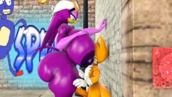 3d avian beak bird blueapple breasts canine fox goggle hair larger_female orange_body purple_body purple_nipples sanic_hegehog size_difference smaller_male smile sonic_(series) tail_feathers tails tattoo wave_the_swallow