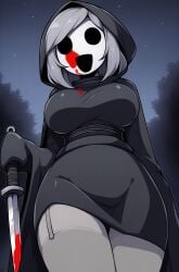 1girl 1girls :d ai_art ai_generated black_cloak black_robe blood_on_face blood_on_knife blood_on_mask bloody_knife fifun83 fusion garter_straps ghostface grey_hair grey_hair_female holding_knife implied_murder implied_violence large_breasts mature_female night no_nudity no_sex original original_character oversized_sleeves pixai psychopath scream_(franchise) shy_gal slasher sociopath white_mask