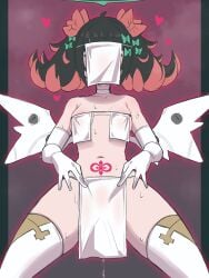1girls angel_wings barely_covered black_hair breasts breasts_covered choker covered_crotch covered_nipples covered_pussy cultist face_covered face_mask halo heart hg31434705 holding_loincloth hoyoverse legs_apart legs_spread light-skinned_female light_skin loin_cloth loincloth midriff multicolored_hair nangong_yu_(zenless_zone_zero) navel petite petite_body petite_female pink_hair presenting_pussy pussy_covered pussy_juice pussy_juice_drip ribbon simple_background small_breasts solo solo_focus steam sweat sweaty thighhighs thighs two-tone_hair vaginal_juice_drip vaginal_juices veil wings womb_tattoo zenless_zone_zero