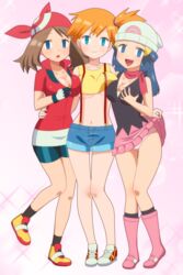 alternate_breast_size assisted_exposure bandana big_breasts blue_hair boots breast_press breasts brown_hair cleavage dawn_(pokemon) empty_eyes expressionless female_only femsub groping happy_trance hat human hypnosis jean_shorts kasumi_(pokemon) kurumierika large_breasts long_hair may_(pokemon) may_(pokemon_rs) misty_(pokemon) multiple_girls nintendo open_mouth orange_hair panties pokemon pokemon_dppt pokemon_rgby pokemon_rse red_bandana red_hair seductive_smile self_fondle short_hair short_orange_hair skirt skirt_lift suspenders symmetrical_docking underboob underwear