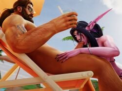 2026 3d alliance_(warcraft) alliance_symbol alliance_tattoo beach beach_chair bikini black_hair blowjob collar earrings elf elf_ears facial_markings fellatio female glass glass_cup glasses glowing_eyes hands_on_thighs human human_(warcraft) long_fingernails male mrtaxman naked night_elf pointed_ears ring sunglasses tattoo world_of_warcraft