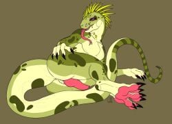 absurd_res anthro anus claws digital_media_(artwork) erection feet gecko genitals hi_res hybrid iguana iguanid lizard lying megalania nonbinary_(lore) on_side penis piercing presenting reptile rockercheeks scalie solo spines tail toe_claws tongue wylde(rockercheeks)