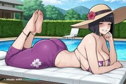 1girl ai_assisted ai_generated anklet bare_shoulders barefeet bedroom black_hair bob_cut breasts cleavage curvy_body detailed_feet eyepatch_bikini eyes_half_closed feet_up flower grin hat hinata huge_breasts hyuuga_hinata jewelry looking_at_viewer mature_female narrow_waist on_back outdoors petite pool_chair prone_position purple_eyes ring round_ass side_view small_breasts soft_breasts solo sun_hat the_pose thighs tired wide_hips