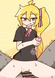 1boy 1girls accurate_art_style accurate_body_type accurate_proportions akita_neru bodily_fluids bottomless bottomless_female clothed clothed_sex clothing color commission cowgirl_position female female_focus flat_chest flop_era_(vocaloid) genitals girl_on_top hair hetero human human_only light_skin male male_pov mv_character naked naked_male nude nude_male official_style open_eyes open_mouth open_smile partially_clothed penis phone pixiv_link pov pussy shirt simple_background skeb_commission smile source spread_legs straight sweat sweatdrop twitter_link voifoooork yellow_background yellow_eyes yellow_hair