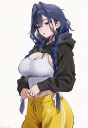 1girls blue_hair blushing braided_hair casual_clothes cleavage female highres hololive hololive_english kguy1920 large_breasts ouro_kronii solo tank_top virtual_youtuber vtuber white_tank_top