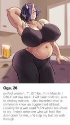 1girls 2025 alcohol arm_behind_head beer beer_mug belly big_breasts big_thighs blush earrings elf-san_wa_yaserarenai english_text fangs female female_only grin grinning_at_viewer hi_res horns huge_breasts large_breasts light_skin looking_at_viewer massive_breasts meme muscular nipple_bulge oga oni oni_female oni_horns pointy_ears profit purple_hair smiling smiling_at_viewer solo text thick thick_thighs tinder_(app) tinder_perfect_woman_(meme) voluptuous wide_hips wink winking_at_viewer