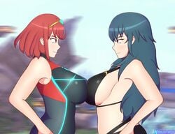 2girls alternate_breast_size bikini black_bikini black_swimsuit breasts byleth_(fire_emblem) byleth_(fire_emblem)_(female) confident crossover fire_emblem fire_emblem:_three_houses fire_emblem_heroes huge_breasts large_breasts long_hair looking_at_another nahusmash nintendo one-piece_swimsuit pyra red_hair short_hair sideboob smile super_smash_bros. super_smash_bros._ultimate swimsuit symmetrical_docking teal_hair xenoblade_(series) xenoblade_chronicles_2