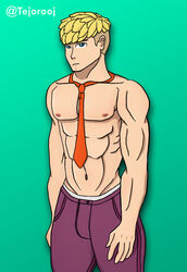 1boy battle_academia_garen battle_academia_series blonde_hair blue_eyes garen_crownguard league_of_legends male male_only muscular muscular_male nipples riot_games shorts tejorooj tie underwear