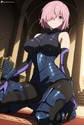 1girl ai_generated armor armored_boots bare_shoulders black_armor black_leotard blush boots breasts closed_mouth digitalwaifugallery elbow_gloves fate_(series) gloves hair_over_one_eye hi_res high_quality high_resolution indoors kneeling large_breasts leotard looking_at_viewer mash_kyrielight pantyhose patreon pink_hair purple_eyes purple_gloves seductive sexy short_hair smile solo thigh_strap thighs uncensored watermark