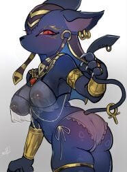 2026 ankh anthro anubian_jackal anubis areola armlet biped blue_body blue_fur bra bracelet breasts canid canine canis clothing deity digital_drawing_(artwork) digital_media_(artwork) ear_piercing egyptian_mythology female female_anthro fur furgonomic_piercing furgonomics genitals gold_(metal) gold_jewelry half-closed_eyes headgear headwear hi_res jackal jewelry kinokonunko lace_panties leglet looking_at_viewer mammal medium_breasts middle_eastern_mythology monotone_body monotone_fur mostly_nude mostly_nude_anthro mostly_nude_female mouthless mythology narrowed_eyes nipple_piercing nipples panties piercing pupils red_eyes ring shaded side_view simple_background slim slim_anthro slim_female slit_pupils soft_shading solo tail tail_piercing translucent translucent_bra translucent_clothing translucent_panties translucent_underwear underwear vulva white_background