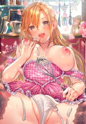 apron bangs black_legwear blonde_hair blush braid breasts cameltoe cream female grabbing_own_breast hair_ornament hairclip heart_apron highres holding indoors lace-trimmed_legwear lace_trim large_breasts long_hair looking_at_viewer nipples open_mouth original panties petals pink_apron plaid plaid_apron side-tie_panties signature smile solo spatula spread_legs strap_slip suihei_sen thighhighs tongue tongue_out underwear untied untied_panties whisk white_panties yellow_eyes