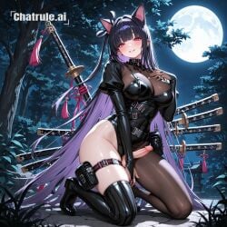1_girl 1girl adult ai_assisted ai_generated amused asymmetrical_clothes black_hair black_thighhighs blush chaos_zero_nightmare collar colored_inner_hair detailed_background ear_piercing full_moon hand_between_legs hand_on_own_chest hand_on_penis high_detail katana leaning_back looking_at_viewer mature_female naked night nude on_knees parted_lips penis pink_eyes purple_hair raised_eyebrows sexually_suggestive sheath sheathed small_penis smile sword thighs transgender tree_shade very_long_hair view_from_behind weapon_on_back white_background