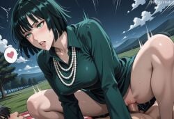 1boy 1girl ai_generated bangs black_hair blush breasts clothed_female_nude_male clothed_sex clothing cloud collared_dress covered_nipples cowgirl_position dress female fubuki_(one-punch_man) girl_on_top green_dress green_eyes green_hair hetero jewelry jousneystudio large_breasts long_sleeves lying male mosaic_censoring motion_lines mountainous_horizon necklace night nude on_top one-punch_man open_mouth outdoors pearl_necklace penis pussy saliva sex short_hair siblings sky solo_focus spoken_heart spread_legs squatting squatting_cowgirl_position straddling sweat teeth thighs tongue tongue_out tree vaginal