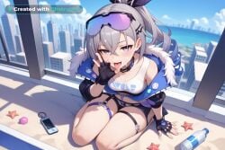 1girl ai_assisted ai_generated awaiting_cum beach black_shorts bubble_blowing choker cityscape crop_top cropped_jacket crossed_legs cum_in_hair cum_on_face cum_on_hands depth_of_field drill_ponytail eyewear_on_head fellatio_gesture finger_to_mouth fingerless_gloves full_body hair_ribbon hairclip hiten_(hitenkei) honkai_star_rail kneeling naked naughty_face open_mouth oral_invitation silver silver_wolf_(honkai_star_rail) sitting skyline smug source_anime sunglasses thigh_strap tongue_out view_from_above