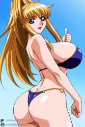 1female 1girl 1girls 2026 ai_generated artist_name ass big_ass big_breasts bikini blonde_hair blue_eyes breasts curvy gravion hi_res high_quality high_resolution highres huge_ass huge_breasts lipstick long_hair looking_at_viewer looking_back makeup patreon patreon_username ponytail purple_eyes smile solo swimsuit tachibana_mizuki thumbs_up unjobdespiert watermark
