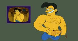 1boy armpit_hair armpits balls big_shirtless_ron black_hair body_hair cancan_draws erection gay hoe hoe_(tool) male male_only muscular muscular_male nipples pants pants_down pecs penis penis_out precum presenting_penis pubic_hair smile string the_simpsons veiny_penis yellow_skin