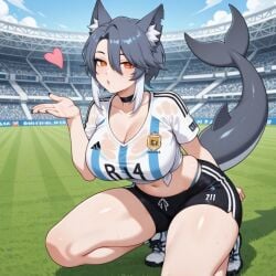 1girls ai_generated animal_ears argentina argentinian_female arm_behind_back black_choker black_nail_polish black_nails black_shorts blue_bra blue_panties blue_sky bra choker clothed clouds curvy curvy_female curvy_figure female female_only fingernails football_stadium football_uniform fox_ears grass grass_field green_grass grey_ears grey_hair grey_tail hair_between_eyes heart heart_symbol hispanic_virtual_youtuber kemonomimi latam_virtual_youtuber light-skinned_female light_body light_skin looking_at_viewer nail_polish nails_painted neutral_expression oneeshi open_eyes orange_eyes orca_tail outdoors panties pink_heart see-through see-through_shirt shadow short_hair shorts side_view soccer_jersey soccer_shoes sports_shorts sports_uniform squatting stadium_background streaked_hair t-shirt tail tied_shirt two-tone_hair virtual_youtuber vtuber white_clouds white_hair white_shirt white_shoes yuun_kurosu