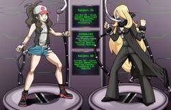 2girls alternate_color cynthia_(pokemon) edit female_only game_freak hilda_(pokemon) liquid_latex mechanical_arm multiple_girls nintendo pokemon pokemon_bw pokemon_dppt re-maker remaker restrained struggling tagme tearing_clothes third-party_edit transformation tube_feeding