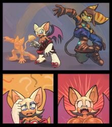 1boy 1girls bat_ears bat_wings big_breasts breast_growth breast_growth_(enlargement) breasts comic commission crossover eyeliner gameplay_mechanics glitch green_eyes huge_breasts karl0 lombax_(ratchet_and_clank) motion_lines nipples_out_of_frame no_text question_mark ratchet_(ratchet_and_clank) ratchet_and_clank rouge_the_bat shiny_breasts shocked shocked_expression sonic_(series) sonic_the_hedgehog_(series) thinking white_fur