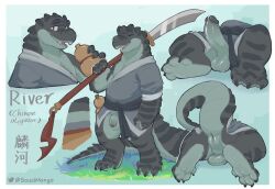 alligator alligatorid anthro anus backsack balls belt bodily_fluids bottomless character_name chinese_alligator chinese_text claws clothed clothing crocodilian dark_glans digitigrade eyes_closed foreskin genital_fluids genitals glistening glistening_anus glistening_balls glistening_genitalia glistening_penis grass grey_body guandao hi_res male open_mouth open_smile palette partially_retracted_foreskin penis plant precum reptile robe saucimango scalie signature slightly_chubby slightly_chubby_male smile solo striped_body stripes teeth text toe_claws tongue