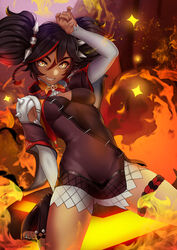 1girls dark_skin female_only fire genshin_impact kirani tight_clothes xinyan_(genshin_impact)