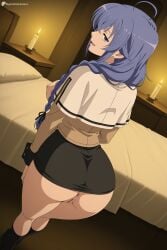 1girl ahoge ai_generated anus ass bed black_skirt black_socks blue_eyes blue_hair braid breasts candle capelet censored digitalwaifugallery from_behind hi_res high_quality high_resolution indoors large_breasts long_hair long_sleeves looking_at_viewer looking_back mosaic_censoring mushoku_tensei nipples no_panties on_bed open_mouth patreon patreon_username pussy roxy_migurdia seductive sexy skirt smile socks solo standing thighs uncensored watermark white_capelet