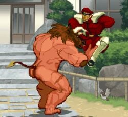 bulge bulge_through_clothing bulge_under_clothes defeated furry furry_male furry_on_human grabbed licking licking_bulge m.u.g.e.n m_bison minotaur_(mugen) questionable_consent street_fighter villian yaoi