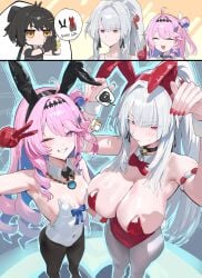 big_breasts bodysuit bunny_ears bunnysuit denia_(wuthering_waves) female_rover_(wuthering_waves) hiyuki_(wuthering_waves) pink_hair sexy sexy_pose smile white_hair