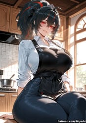 1girl ai_assisted ai_generated apron bangs black_hair breasts collared_shirt curvaceous curvy curvy_female curvy_figure denim female hair_between_eyes huge_breasts indoors jeans long_hair looking_at_viewer miyuai on_desk pants red_eyes shirt sitting smile thick thick_ass thick_butt thick_hips thick_legs thick_thighs voluptuous voluptuous_female white_shirt wide_hips wide_thighs zenless_zone_zero zhu_yuan