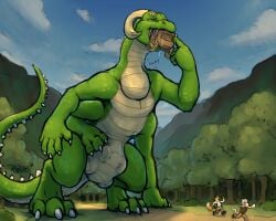 2017 5:4 6_legs ambiguous_gender anthro bodily_fluids canid canine claws dragon felid feline forest group horn male mammal mythological_creature mythological_scalie mythology neck_bulge nommz nude object_vore plant running saliva scalie scared tree trio vore