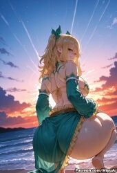 1girl ai_assisted ai_generated ass back bangs bare_shoulders beach bikini blonde_hair breasts curvaceous curvy curvy_female curvy_figure detached_sleeves fairy_tail female from_behind horizon large_breasts long_hair looking_at_viewer looking_back lucy_heartfilia micro_bikini miyuai ocean sky smile solo star_(sky) sunset swimsuit thick thick_ass thick_butt thick_hips thick_legs thick_thighs voluptuous voluptuous_female water wide_hips wide_thighs