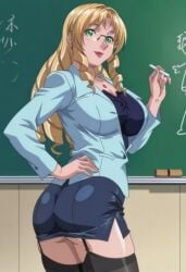 1girls adult adult_female ai_generated arm_support ass_cleavage ass_peek bent_over bible_black bible_black_new_testament blazer blonde_hair breast_focus bubble_ass bubble_butt busty chalk chalkboard chalkboard_writing classroom drill_sidelocks earrings female_focus garter_straps glasses green_eyes head_tilt high_resolution indoors jewelry leaning_forward lipstick long_hair looking_at_viewer makeup necklace pantyshot pantyshot_(standing) pencil_skirt red_lipstick revealing_clothes round_ass sensei sexually_suggestive shin_bible_black shiraki_rika shirt sidelocks sitting skimpy skimpy_clothes skirt solo stockings suggestive suggestive_look suggestive_pose teacher tight_skirt uncensored underass upper_body viewed_from_behind yellow_hair young_adult young_adult_female