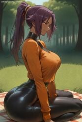 1girl ai_generated ass black_legwear bleach breasts covered_nipples grass hi_res high_quality high_resolution large_breasts long_hair looking_at_viewer patreon ponytail purple_hair seductive sexy shihouin_yoruichi shirt sitting smile solo thighs tree uncensored watermark yellow_eyes