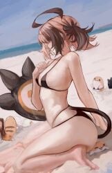 1girls ahoge ass barefoot beach big_ahoge big_ass bikini black_bikini blonde_hair blue_sky breasts brown_hair clothed clothed_female daytime feet female from_side gigi_murin grem_(gigi_murin) hand_on_chest hand_on_ground hololive hololive_english hololive_english_-justice- large_ass light-skinned_female light_skin mascot naokomama petite petite_breasts short_hair side_boob side_view sideboob sitting sitting_on_ground sitting_on_person sitting_on_sand sky small_breasts solo solo_focus tail tail_eye tail_markings thick_thighs thigh_squish thighs twin_tails virtual_youtuber wariza water