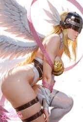 1girl ai_generated angel_wings angewomon ass_focus blonde_hair digimon from_behind gold_armor helmet huge_ass liviawoe long_hair looking_back oiled_body shiny_skin solo sweat wet_skin white_shorts wings