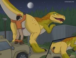 animal_genitalia bestiality big_butt butt car claws clever_girls cloaca cloacal clothed clothing daisy_(clever_girls) death_by_snu_snu detailed_background dinosaur dominant duo female female_feral female_penetrated feral feral_penetrated forest_background from_behind_position genitals hi_res horizontal_cloaca huge_butt human human_on_feral human_penetrating human_penetrating_feral interspecies larger_female larger_feral larger_penetrated looking_back male male/female male_human male_penetrating male_penetrating_female mammal megalosaurid megalosauroid night open_mouth penetration prehistoric_species raised_tail reptile saurischian scalie sex sharp_teeth sitting sitting_on_another size_difference smaller_human smaller_male strohdelfin tail tailbutt teeth theropod thick_tail vehicle yellow_body yellow_eyes