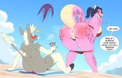 aarondrawsarts absurd_res anthro anus asinus beach beverage big_butt bikini blush bodily_fluids butt clothing donkey duo english_text equid equine female flashing flashing_butt genitals hair hairy hi_res horn horse kobold looking_at_another looking_at_partner looking_back looking_back_at_another looking_back_at_partner male male/female mammal mooning patricia_hawthorne pink_body ponytail pubes removed_bottomwear scalie shocked smoothie surprised sweat sweaty_butt swimwear text two-piece_swimsuit vulva