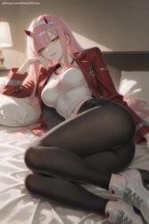 1girl ai_generated ass bangs black_legwear breasts candy darling_in_the_franxx eyeshadow green_eyes hairband hi_res high_heels high_quality high_resolution horns jacket long_hair looking_at_viewer lying makeup medium_breasts on_side open_clothes open_jacket pantyhose patreon pink_hair red_horns seductive sexy solo uncensored watermark white_footwear white_hairband zero_two_(darling_in_the_franxx)