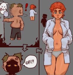 angry bald_spot blushing bullet_echo button_shirt chubby_male cleavage collared_shirt comic female freckles funny green_eyes grey_panties humor male open_shirt oversized_shirt panties red_hair shirt_only short_hair size_difference smog_(bullet_echo) sparkle_(bullet_echo) thick_thighs topless undressing zeptolab