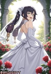 1girl :d ai_generated aqua_eyes arch backless_dress backless_outfit bangs bare_shoulders black_hair breasts bridal_veil bride brokewyt cuckold dress earrings elbow_gloves flower from_behind genshin_impact gloves hair_flower hair_ornament hi_res high_quality high_resolution highres hoyoverse jewelry long_hair looking_at_viewer looking_back mona_(genshin_impact) netorare open_mouth pillar red_flower red_rose rose skirt_hold smile solo star_(symbol) star_earrings strapless strapless_dress twintails uncensored veil watermark wedding_dress white_choker white_dress white_flower white_gloves white_rose